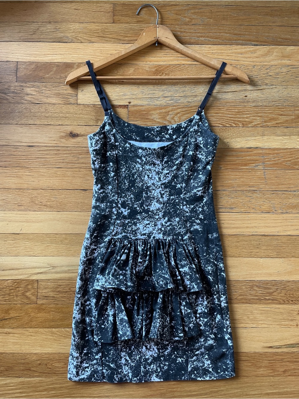RARE Betsey Johnson Y2k 2000’s Black & White Acid Washed Print Bustle Mini Dress